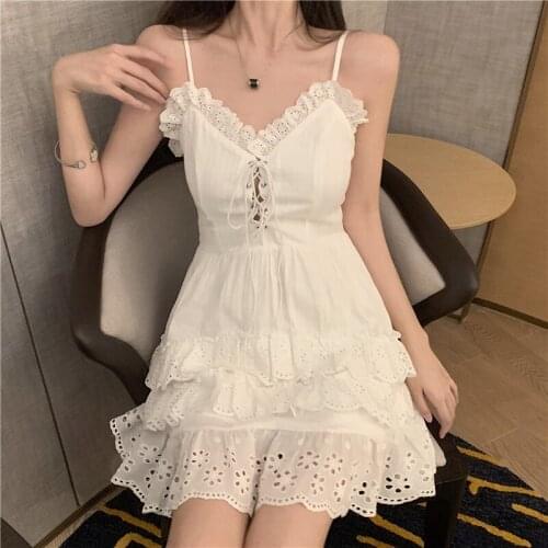 Summer 2021 cotton white spaghetti dress sexy women ruffles hem v neck dresses sleeveless lace ruffles dress