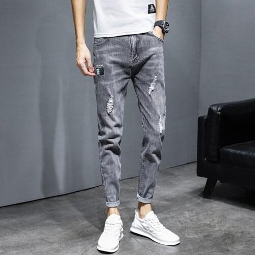 Summer Lightweight Jeans Men Skinny Striped Denim Hole Wash Vintage Hip Hop Work Trousers Slim Ripped Jeans
