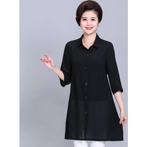 Summer shirt middle-aged elderly cotton large size seven-quarter sleeve wild knee-length cardigan lapel sunscreen shirt D159