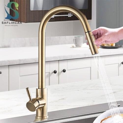 Brushed Gold Kitchen Sink Faucet Spout Pull Out Brushed Surface Single Handle Hot Cold Water Mixer Taps Kitchen Crane