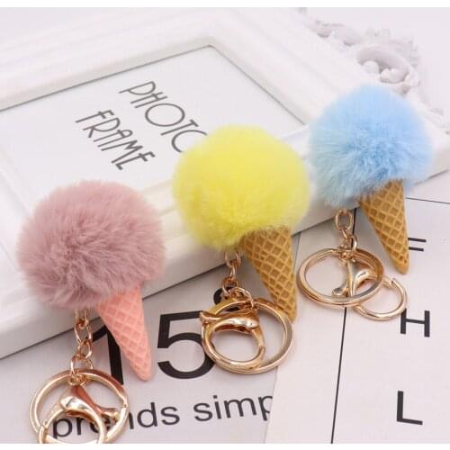Cute ice cream Keychain Glitter Pompom Key Chain Gifts for Women Llaveros Mujer Car Bag Accessories Key Ring accessories
