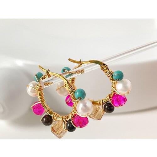 Monlansher Boho Rainbow Crystal Natural Pearls Beaded Earrings Gold Color Hoop Earrings for Women Bohemia Daily Earrings Jewelry