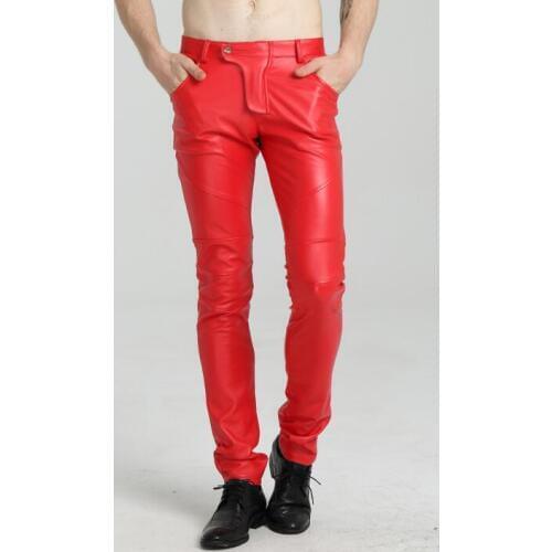 Autumn red motorcycle faux leather pants mens feet pants fashion tight pu trousers for men personality pantalon homme