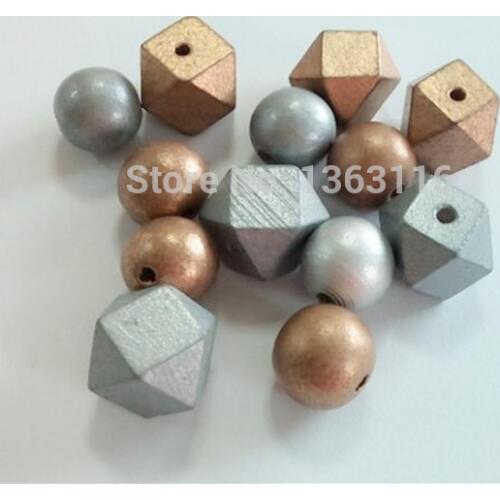 2017 Newest Top Fashion 20mm DIY wooden beads Gold and Silver color Geometric wood bead for Necklace 50pcs/lot WB-011