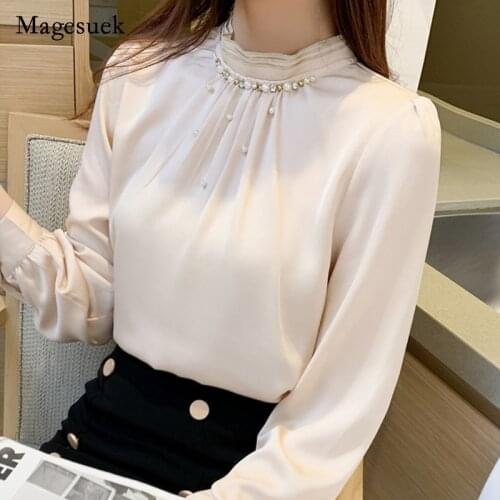 New Autumn Long Sleeve Blouse Mujer De Moda 2021 Beading Stand Collar Chiffon Blouse Women Blusas Shirt Top Women Clothes 16229