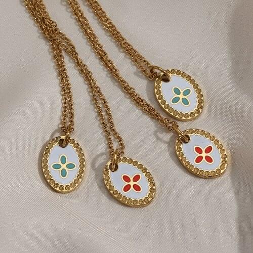 New Trendy Stainless Steel Gold Plated Waterproof O Chain Blue Red Oval Clover Pendant NecklaceFor Women