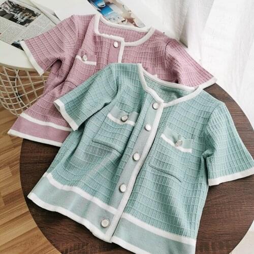 OUMEA Knitting Vintage Tops Women England Style Blouse Contrast Color Pocket Novelty Buttons Front Plaid Sweater Knitting Tops