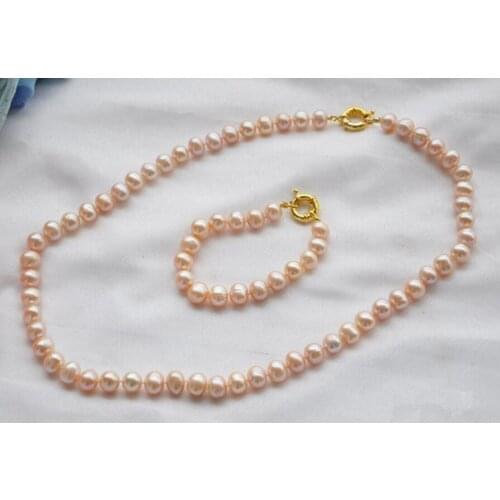 Genuine 8-9mm pink freshwater pearl necklace bracelet Set