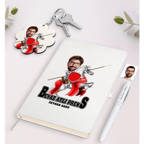 Personalized White Mounted Prince Caricature Of White Notebook pen And Keychain Gift Seti-2 Reliable Quality Gift Daily