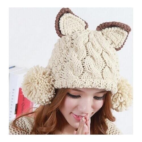 2021 Autumn and winter free shipping Wool knitted womens fashion cat bunny ear design cap