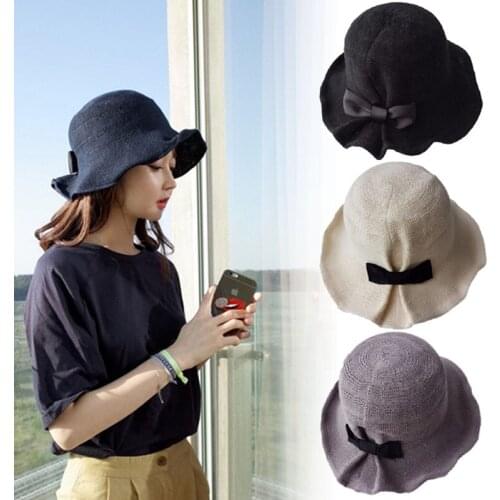 Womens Bowknot Sun Hat Foldable Fashionable Woven Fisherman Hat Breathable Cap for Traveling Camping Picnic d88