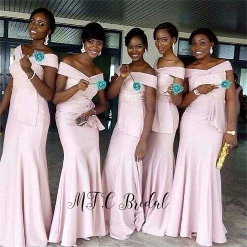 Light Pink Mermaid Wholesale African Bridesmaid Dresses Off The Shoulder Elastic Satin Floor Length Long Wedding Party Dress