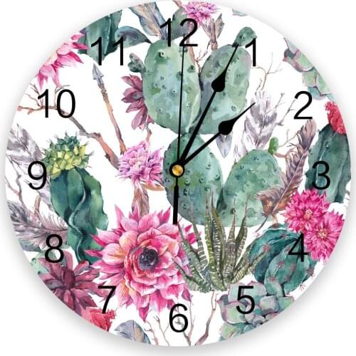 Tropical Plant Green Cactus Pink Flower Wall Clock Modern Design Hanging Watch for Home Decoration Home Living Room Wall Art