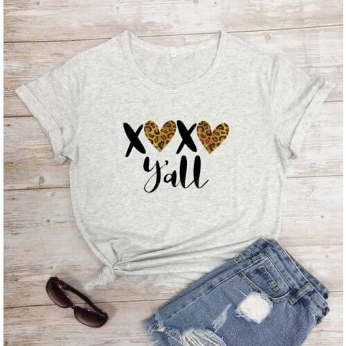 Xoxo y'all Valentine Leopard print big heart graphic women fashion pure cotton casual hipster vintage street style t shirt tees