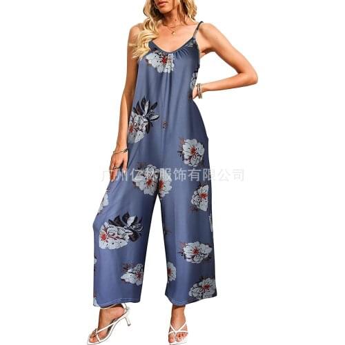 2021 European and American womens casual summer Jumpsuit no sleeve thin shoulder belt wide leg Jumpsuit with pocket