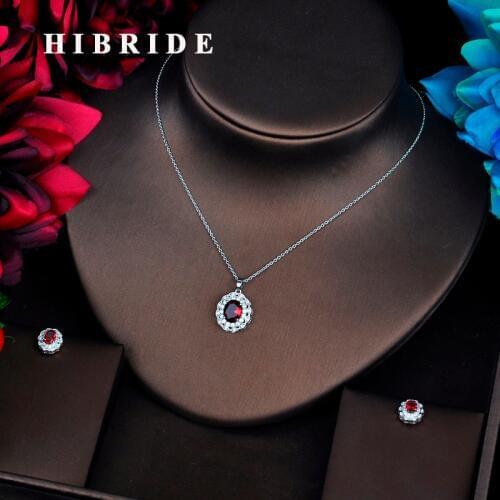 HIBRIDE Brilliant Red Oval Flower Cubic Zircon Pendant Jewelry Sets Long Link Chain Necklace Sets Earings Set Women Gifts N-550