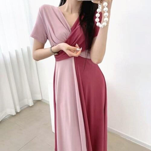 V-neck Cross Long Dress Woman Korean New Summer Elegant Party Dresses Vestido Woman Pink Business Stitching Slim Dress Female