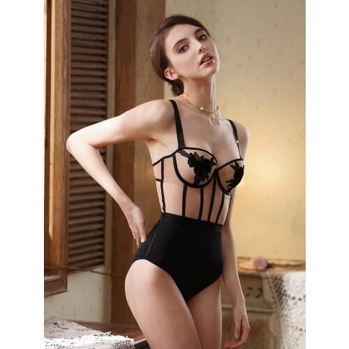 Iris flower lace applique retro bra set sexy bottoming strap bodysuit embroidered siamese underwear gathered lingerie panties