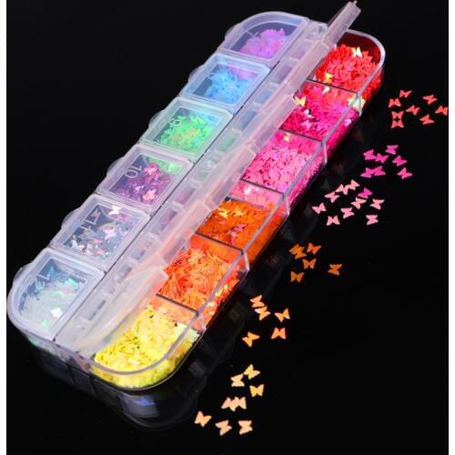 12 Grids Fluorescent Butterfly Nail Sequins Mixed Nail Glitter Powder Polish Flakes Slices Spangle Nails Art Decoration