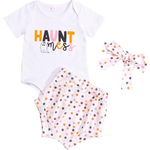 Halloween Baby Clothes 3Pcs 2021 Fashion Cotton Letter Short Sleeve Romper Dot ShortS Headband Children Clothing Set For 0-24M