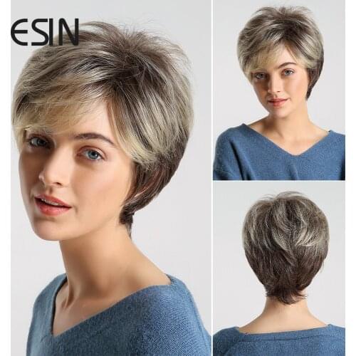 Inhaircube Shoulder Synthetic Inclined Bangs Women Fluffy Natural Wig Light Brown Short Straight Hair Bob Glueless Party Wig