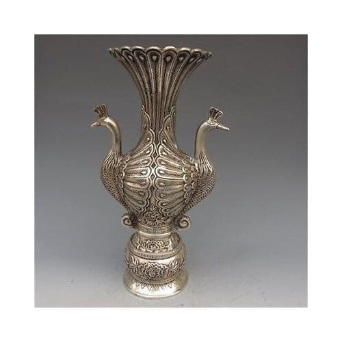 Chinese Silver Bronze Handwork 2 Peacock Shape Vases w Ming Dynasty XuanDe Mark