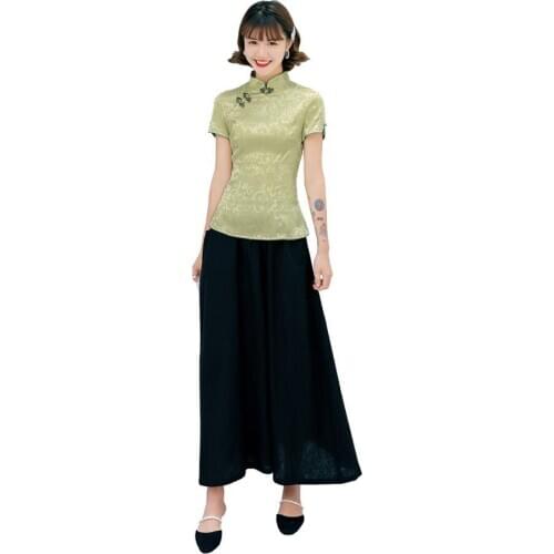 Shanghai Story Short Sleeve cheongsam top Chinese traditional Top Womens blouse top + Linen Skirt