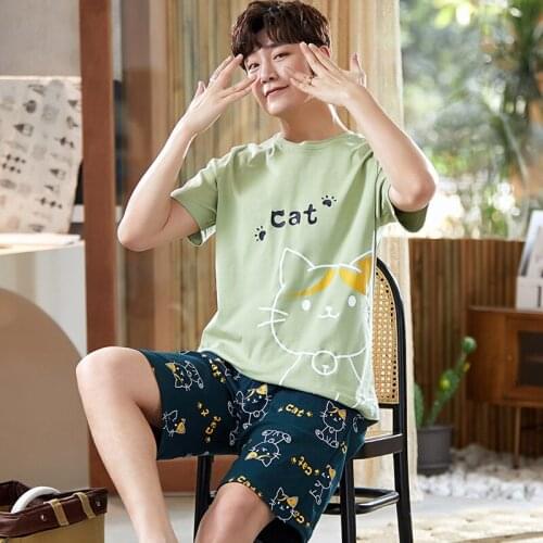 Summer Mens Cotton Pajamas Fashion Refreshing Green Cartoon Cats Print Sleepwear Casual Plus Size Short Sleeve Mens Home Wear