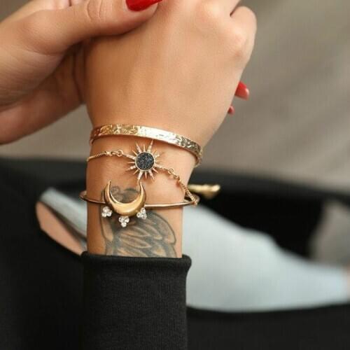 Gold Color Moon Rhinestone Sun Bangle&bracelets for Women Hand Chains Set Charm Bracelet Female 2019 Fashion Jewelry New