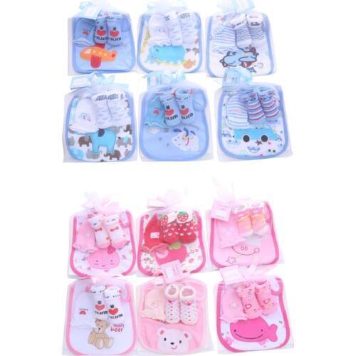 New 1 Bag Baby Cotton Bibs Towel Socks Sets Newborn Kids Burp Cloths+Socks +Anti-scratch Gloves Boys Girls Birthday Gift