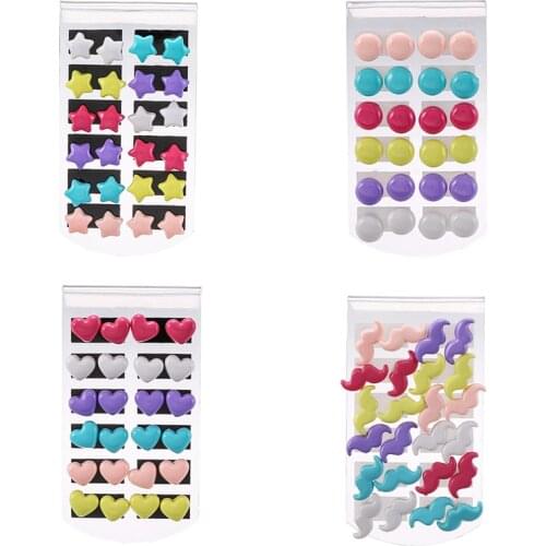 Simple 12Pairs/Set Girls Candy Colors Lovely Plastic Stud Earrings Bowknot Lips Moustache Star Heart Earring Sets Children Gift