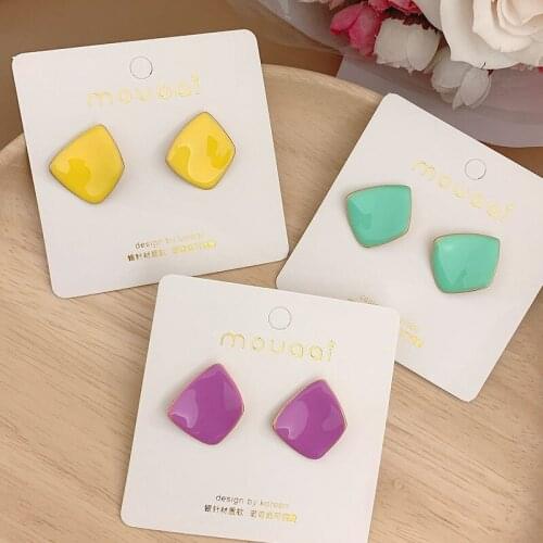 Simple Yellow Green Purple Twisted Silver Plated Needles Geometry Trapezoid Alloy Golden Stud Earrings for Women