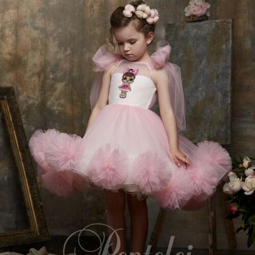 Pink Little Girls Flower Girl Dresses For Wedding Embroidery Ruffles Kids Pageant Gowns Tiered Skirts Tulle Short Prom Dress