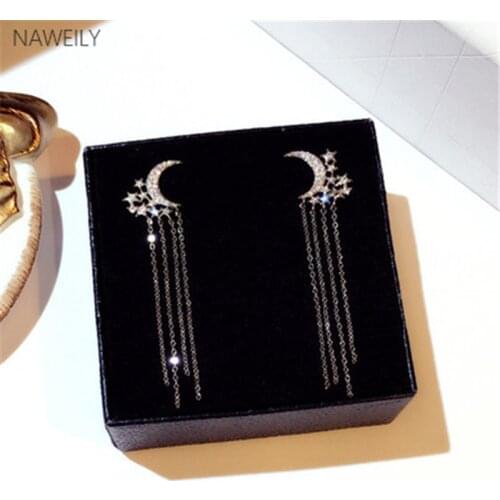 Pretty Star Moon Earrings For Women Girl Korean New Fashion Earring Super Flash Rhinestone Tassel Long Earrings