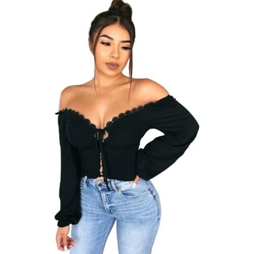 Sweet Off Shoulder Women Tops and Blouses Shirts Sexy Lace Up Long Sleeve Slim Bandage Fitted Cropped Chemise Blusas Tops Female