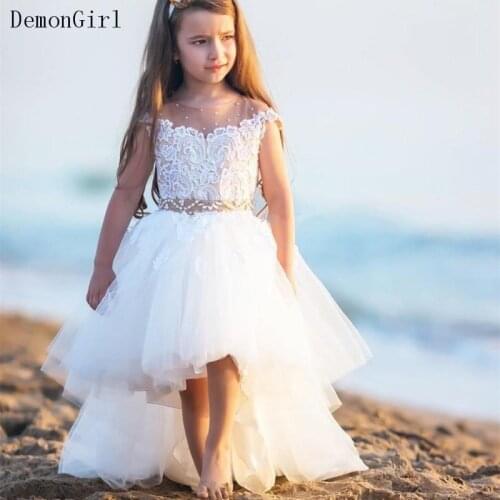 High Low Flower Girls Dresses For Wedding Sheer Neck Cap Sleeves Lace Pearls Backless Holiday Birthday Party Dress