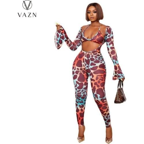 VAZN 2021 Top Quality Open Leopard Set Sexy Club 1 Piece Underwears Full Jumpsuits Skinny Women 2 Piece Set