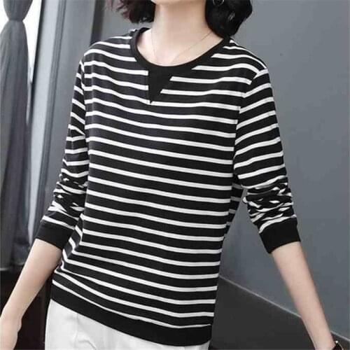 2021 New Autumn Spring O Neck Polyester Woman Long Sleeve t-shirts Fashion Korean Style Striped Oversized t shirt