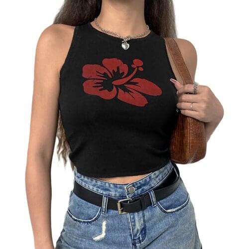 Ladies Summer Sexy Midriff-baring Camisole Girls Creative Floral Printing Sleeveless Round Collar Tops Slim Base Shirt