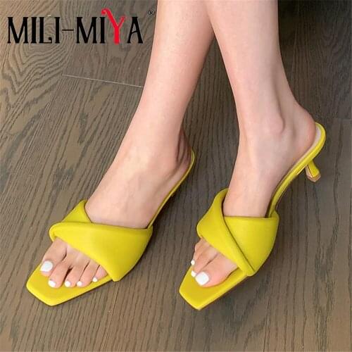 MILI-MIYA Open Square Toe One Strap Women Slippers Sexy Party Nightclub Summer Candy Color Mid Heels Sandals Ladies Dress Shoes