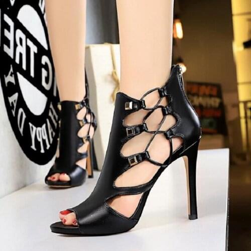 European America Style Super High Heels Flock Sexy Nightclub Metal Rivet Cut Out Women Sandals Ladies Peep Toe Shoes 20200511