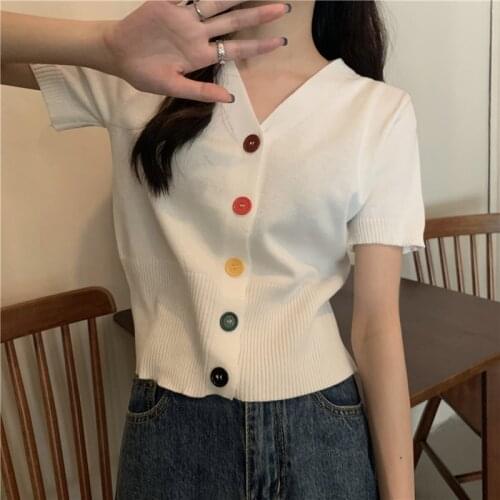 Summer Colorful Buttons Thin Sweater Cardigan Women V-Neck Short Sleeve Cardigans Crop Tops Single-breasted Sweater Shirts