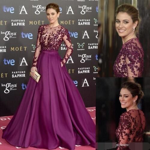 Elegant Grape Celebrity Evening Dresses Long Sleeves Lace Beaded Long Custom 2019 Prom dresses Special Occasion evening dress