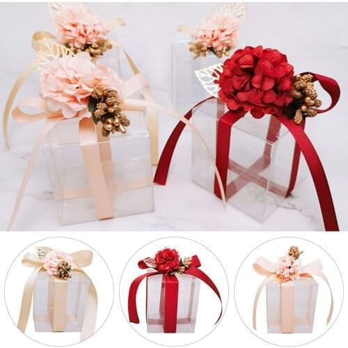 20Pcs/lot Candy Boxes PVC Transparent Wedding Favors and Gifts Box Square Flower Ribbon Romantic Packaging Box Party Gift Bag
