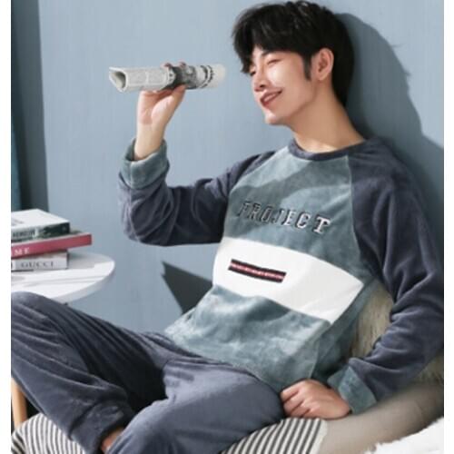 2020 Men Nightwear Long Sleeve Winter Warm Flannel Pajamas Sets Print Sleepwear Long Pant Male Men Pajama Set