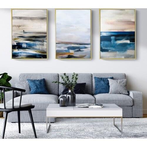 Abstract Wall Art 3 Pieces Blue Wave Nordic Canvas Painting Posters and Prints Modern Wall Pictures for Living Room Home Decor