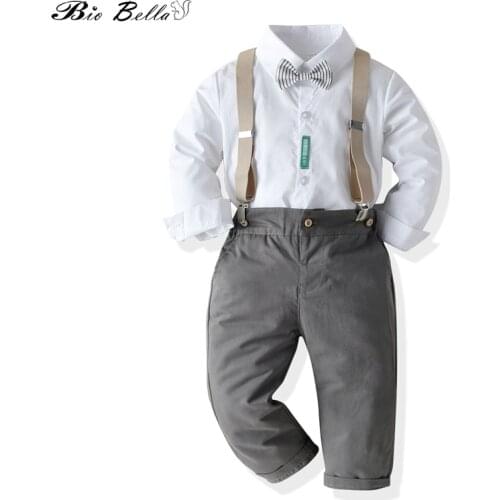 Kids Boys Clothing Set Toddler Cotton Suspender Decor Boy Suits Spring Autumn Casual Long Sleeve Blouse+Pants 2pcs Suit