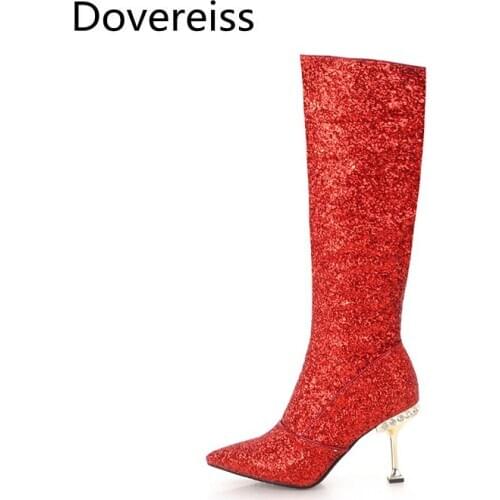 Dovereiss Fashion Womens Shoes Winter Zipper Elegant Concise sexy silver Mature Zipper Stilettos heels Knee high boots 43