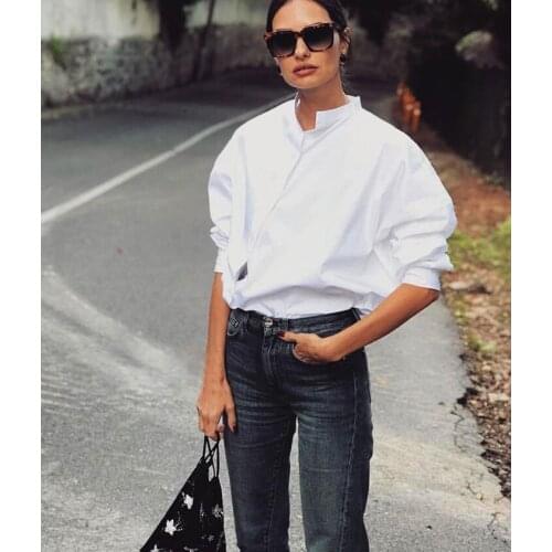 [ElfStyle] White Classic Noma shirt high Collar with Irregular Button up Oversized TOP Blouse Fashion GOOD QUALITY BLOUSE SHIRTS