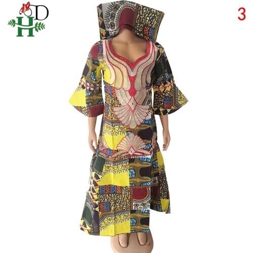 H&D Robe Africaine Femme 2020 African Print Wax Dresses Women Cotton Boubou Femme Traditional Maxi Dress With Headtie S3302